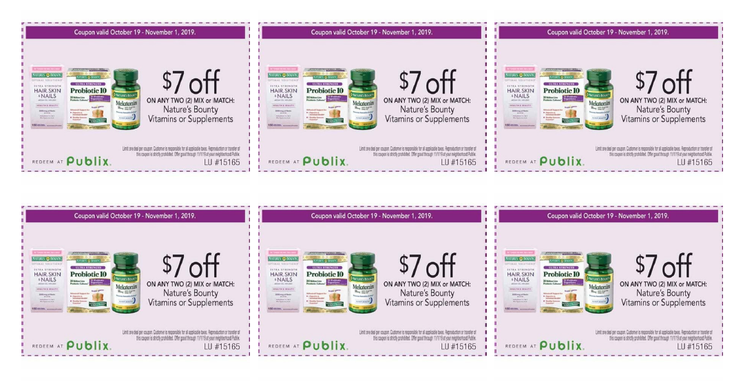 7 off 2 Nature's Bounty Vitamins Publix PDF Coupon! EASY PRINT! ⋆